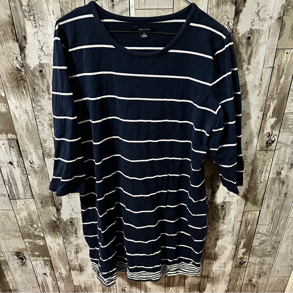 Nautica Women's Long Sleeve Navy and White Striped Dress